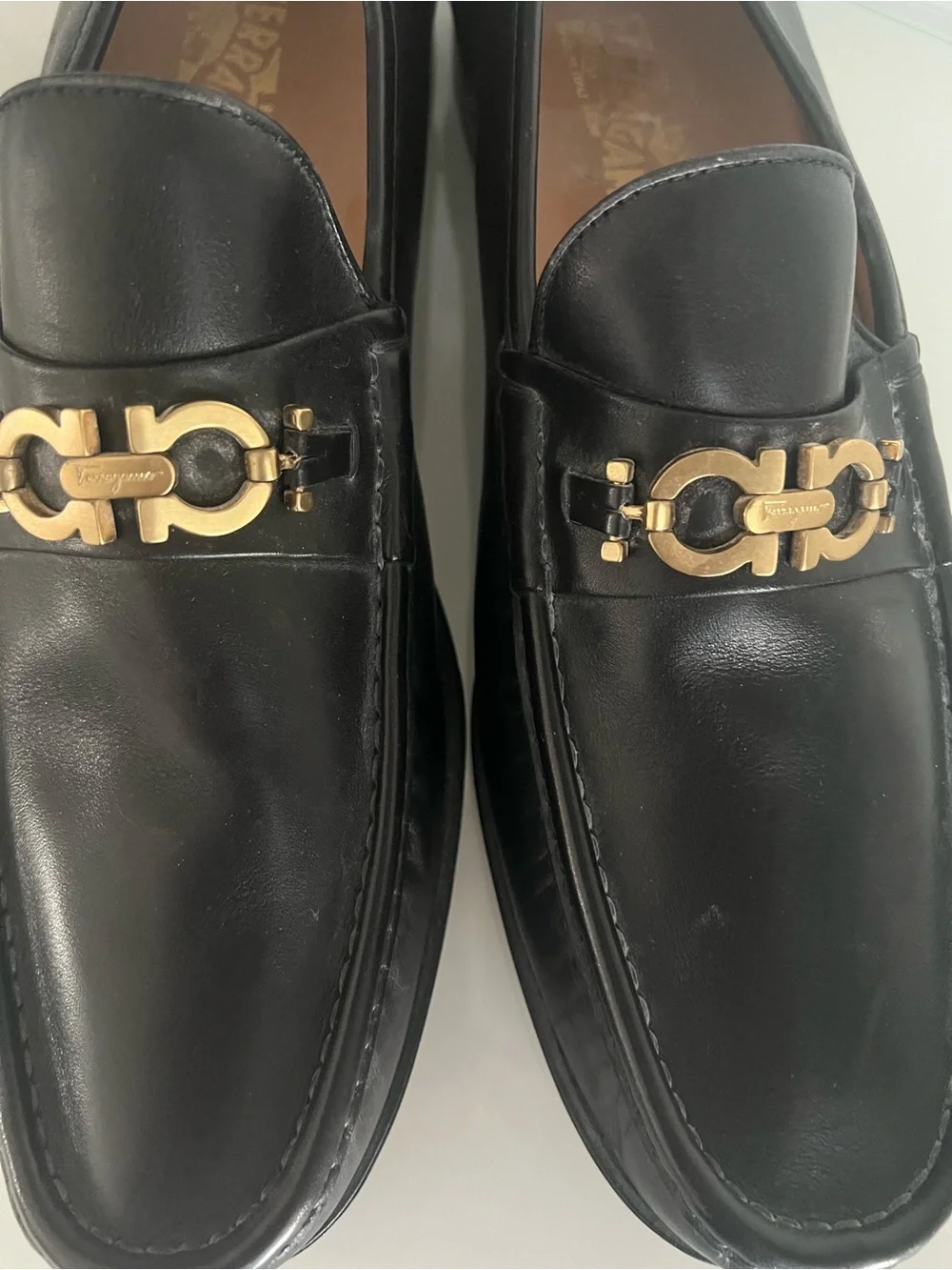 Salvatore Ferragamo Black Leather Loafers with Gold Gancini